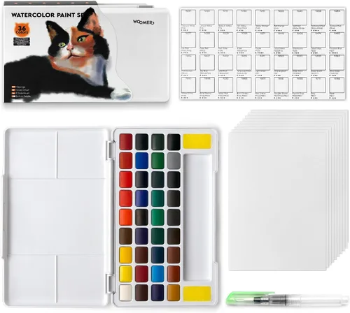 Woomer Juego de pintura de acuarela, 36 colores vibrantes con pincel de agua y 10 papeles de acuarela de algodón de alta calidad (32 K), perfecto