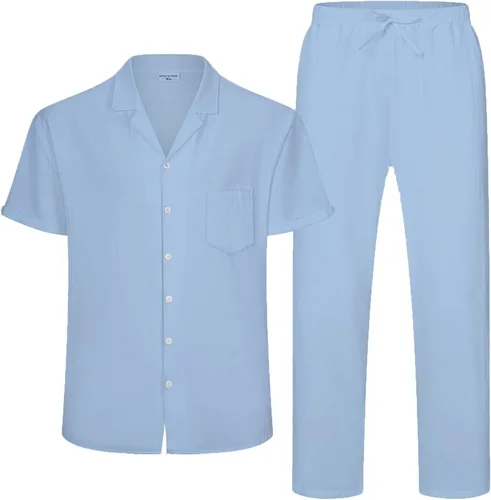 Miniatura 5 de RPOVIG Conjunto de camisa de lino y pantalones conjuntos de lino de 2 piezas para hombre, camisas de manga corta, pantalones de yoga, trajes