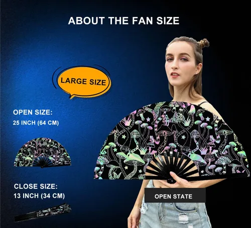 Miniatura 2 de Ventilador de mano plegable grande para rave, ventilador de palmada de baile de línea para baile, fiesta, decoración, festival (seta)