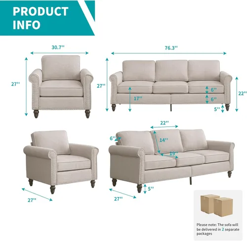 Miniatura 2 de BALUS Couches Set for Living Room, Couch Sofa with Wooden Sofa Legs, Living Room Furniture with Nailhead Trim, 6" Cushion, Sectional Couches