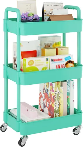 Miniatura 14 de UDEAR Carrito utilitario rodante de 3 niveles, estantes de almacenamiento multifuncionales con asa y ruedas con cerradura para habitación, oficina