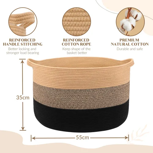 Miniatura 3 de Maliton Cesta grande tejida para manta, 22 x 22 x 14 pulgadas, cesta de almacenamiento para organizar, cesta redonda de cuerda de algodón
