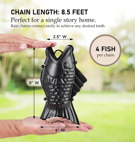 Miniatura 4 de Cadena de lluvia de aluminio negro de pescado de 8.5 pies con clip de instalación de canalón Good Directions