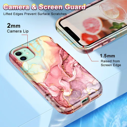 Miniatura 4 de CASEFIV Funda compatible con iPhone 11, patrón de mármol 3 en 1, resistente a prueba de golpes y caídas, cuerpo completo, policarbonato duro