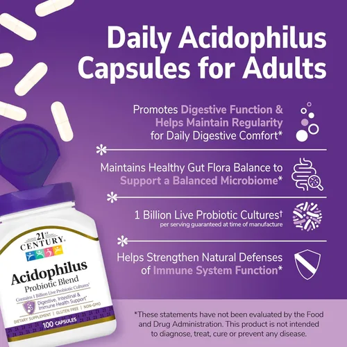 Miniatura 2 de 21st Century Acidophilus Cápsulas de mezcla de probióticos (100 unidades), suplemento probiótico diario con Lactobacillus Acidophilus, apoya