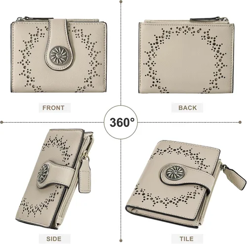 Miniatura 8 de Tipmile - Cartera pequeña para mujer, cartera de cuero con bloqueo RFID, plegable con bolsillo para monedas y con cremallera, Beige, Casual