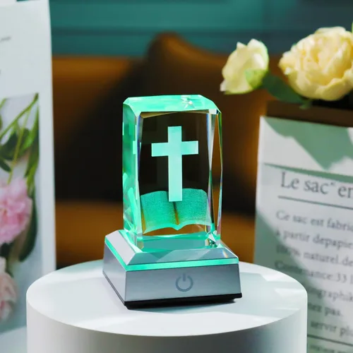 Miniatura 2 de YWHL Figura de Cruz de Cristal 3D con Base de Luz Colorida, Grabada Láser, Regalos Religiosos Bíblicos para Mujeres y Hombres, Decoración Cristiana