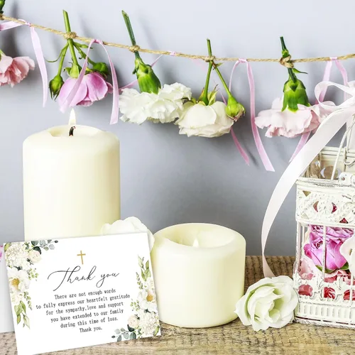 Miniatura 7 de AnyDesign Paquete de 48 tarjetas de agradecimiento fúnebres con calcomanías, sobres, tarjeta de duelo con cruz de flores con mensaje para servicio