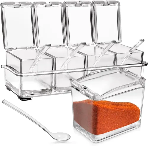 Miniatura 8 de Caja de condimentos transparente, 4 piezas de recipientes para especias con tapa y cuchara, recipientes de acrílico para condimentos con tapa