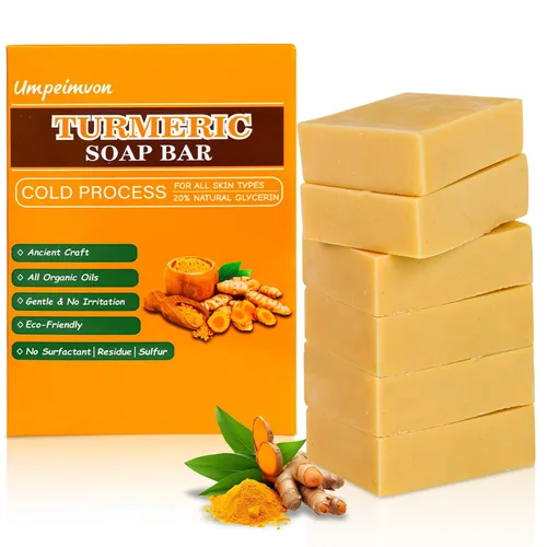 Miniatura 10 de Paquete de 3 barras de jabón de cúrcuma para limpiador facial y corporal, jabón de cúrcuma orgánico, piel suave e hidratante, jabón tumérico