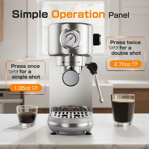 Miniatura 3 de Atatix Máquina de Café Espresso Mejorada, Cafetera Espresso Compacta de 20 Bares con Espumador de Leche, Cafetera de Acero Inoxidable con Tanque
