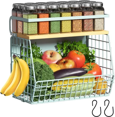 Miniatura 13 de Juego de 2 estantes magnéticos para refrigerador con tapa de madera, contenedores de almacenamiento de papas y cebollas, organizadores y Negro
