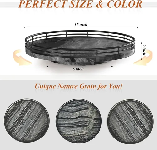 Miniatura 3 de Marble Lazy Susan - Tocadiscos para mesa, bandeja redonda de mármol de grano de madera antigua de 10 pulgadas para mesa de comedor, encimera de Negro