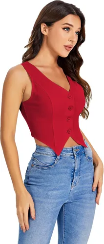 Miniatura 4 de SweatyRocks Chaleco corto con dobladillo asimétrico y botones en la parte delantera para mujer, cuello en V, sin mangas, para mujer