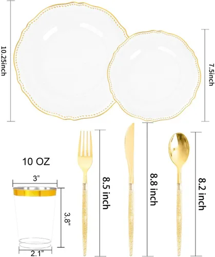 Miniatura 7 de Hioasis 175 piezas de platos de plástico transparentes y dorados y cubiertos de plástico dorados con mango de purpurina dorada y vasos transparentes