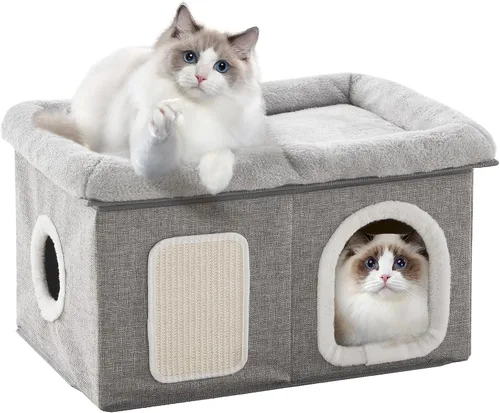 Miniatura 7 de WINDRACING Camas para gatos de interior - Casa extra amplia para mascotas y cama plegable para gatos con almohadilla para arañar, escondite
