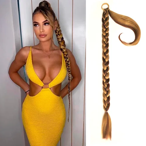 Miniatura 13 de Extensiones de cola de caballo trenzada de 20 pulgadas de largo para mujer, extensiones de cabello lacio envolvente con banda para el cabello, cola
