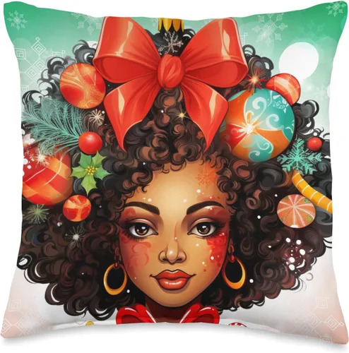 Black women Christmas ornament melanin curly hair Melanin Christmas Queen Xmas Black Girl Magic Ornament - Almohada de 16 x 16 pulgadas, multicolor