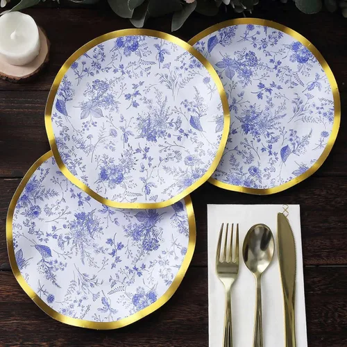 Miniatura 2 de Efavormart - Paquete de 25 platos de postre de papel chino chino azul y blanco con borde ondulado dorado de 11.32 oz/m² para recepciones y fiestas