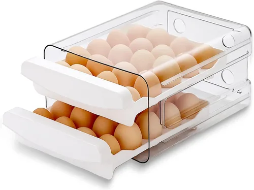 HOMQUEN Soporte para huevos, plástico transparente, bandeja para huevos de 2 capas/40 rejillas y caja de almacenamiento fresca para refrigerador