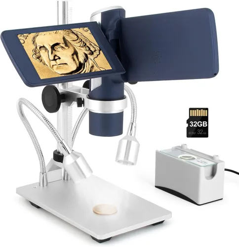 Miniatura 9 de LM203 Microscopio digital de mano con pantalla de 4 pulgadas, cámara de microscopio portátil para adultos, lupa de monedas USB 200X con 8 luces LED