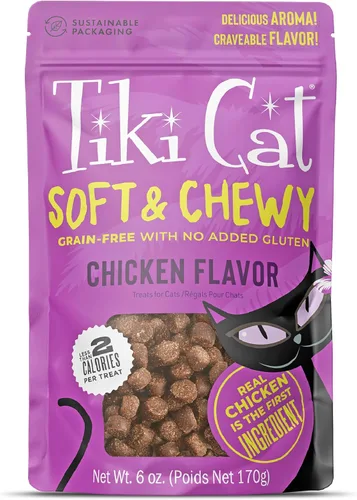 Tiki - Golosinas suaves y masticables para gatos, sabor a pollo, 3 calorías por golosina sin granos y sin gluten añadido, bolsa de 6 onzas (paquete