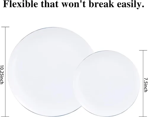 Miniatura 5 de KIRE 100 platos de plástico plateado, platos desechables blancos resistentes con borde plateado para fiesta/boda, incluye 50 platos llanos de 10.25