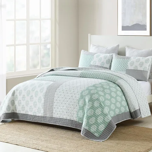 Miniatura 10 de PANGUSHAN Juego de edredón tamaño Queen, 100% algodón, juego de ropa de cama tamaño Queen, juego de edredón reversible floral de retazos