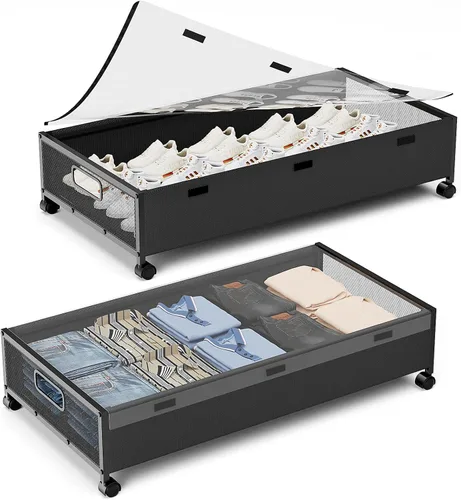 Miniatura 10 de KITHELP Almacenamiento de madera debajo de la cama con ruedas, contenedores de almacenamiento rodantes debajo de la cama con tapa extraíble, cajones