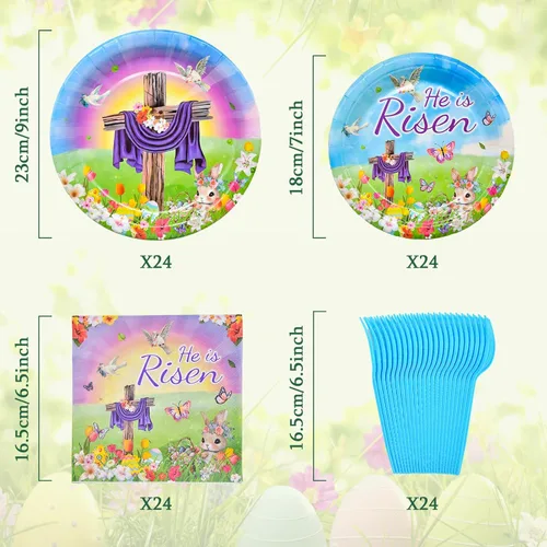 Miniatura 2 de 96 piezas "He is Risen" juego de vajilla para el día de Pascua suministros de fiesta - vajilla desechable con temática religiosa con platos