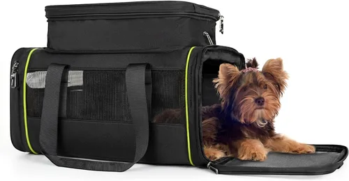 Transportador de mascotas expandible negro para gatos y perros, aprobado por aerolíneas, diseño extensible de 2 lados y altura, bolsa de viaje de