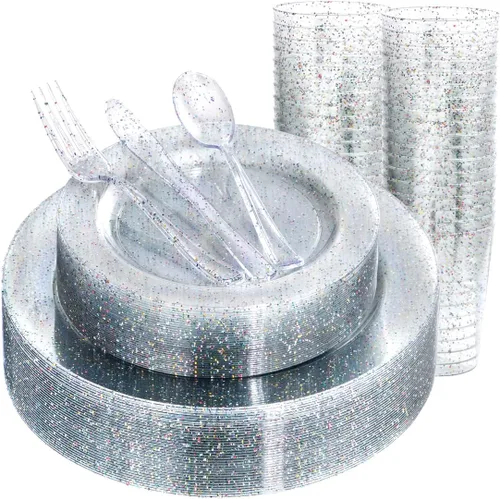 Miniatura 9 de Rubtlamp Juego de vajilla de 180 piezas con purpurina azul (30 invitados), platos de plástico azul con cubiertos desechables Gitter, el juego