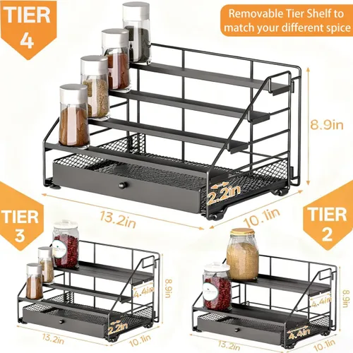 Miniatura 2 de DTUQYX Organizador de especias para gabinete: organizador de especias ajustable de 4 niveles con cajón, estante de metal de profundidad para Negro