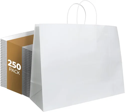 PTP - 250 bolsas de mano para regalo, de papel, Kraft | Perfectas para cumpleaños, bodas, vacaciones y toda ocasión | Colores blanco o natural |