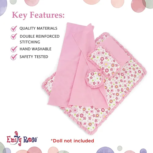 Miniatura 4 de Emily Rose Juego de ropa de cama reversible floral de 18 pulgadas, ropa de cama de muñecas de 5 piezas con edredón con volantes, sábana y almohadas