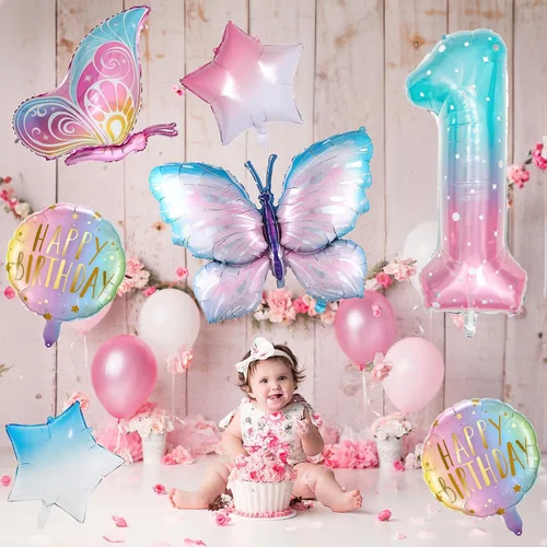 Miniatura 3 de Decoraciones de cumpleaños de mariposa, globos de mariposa, decoraciones de fiesta de primer cumpleaños para niñas, números de fantasía, 1 globo