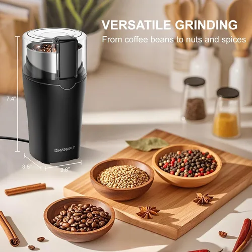Miniatura 7 de Molinillo de café y especias, molinillo de espresso para uso doméstico, hoja de acero inoxidable y taza extraíble, multifuncional para granos de Gris