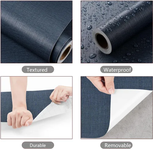 Miniatura 6 de YENHOME Papel tapiz de vinilo azul oscuro con textura para despegar y pegar, papel de pared texturizado de 17.7 x 118 pulgadas, papel tapiz