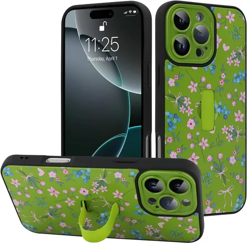 Miniatura 93 de Funda diseñada para iPhone 17 Pro Max con soporte plegable y correa para dedos, bonito patrón de lazo de corazón de flor rosa para mujeres y niñas
