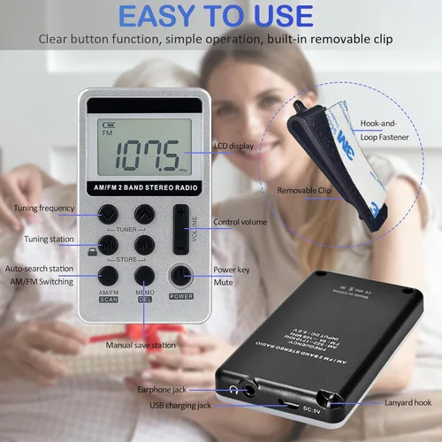Miniatura 5 de Radio AM FM portátil con pantalla LCD de sintonización digital, radio de bolsillo recargable SWDSTP con auriculares estéreo y clip de cinturón