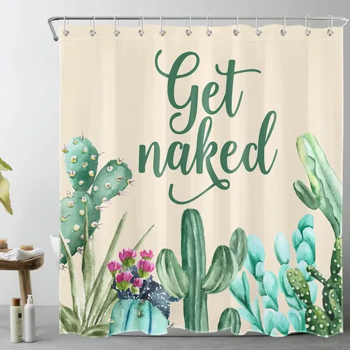 Miniatura 14 de LB Get Naked - Cortina de ducha de cactus con citas divertidas, plantas tropicales, suculentas, verdes, acuarela, cactus y flores, cortinas de ducha