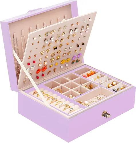 QBestry Organizador de aretes de tuerca para niñas, caja de joyería morada para aretes, collar, organizador de joyas, caja de aretes para mujer,