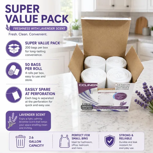 Miniatura 6 de Bolsas de basura con aroma a lavanda de 2.6 galones (200 unidades), color blanco, bolsas de basura pequeñas de 2 galones, bolsas de basura pequeñas