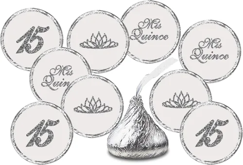 Mis Quince Birthday - Calcomanías de besos plateados (juego de 216), etiquetas de gotas de chocolate de quinceañera, dulces 15 decoraciones de