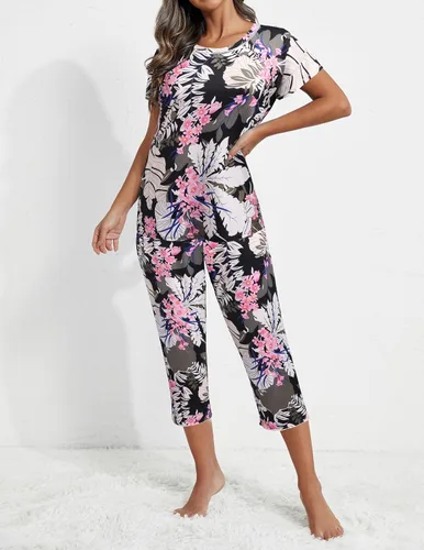 Miniatura 2 de EkouaerCapriPajamasforWomenSetFloralPrintShortSleeveSleepwear TopsandCapriPants 2 Peice Lounge SetswithPockets