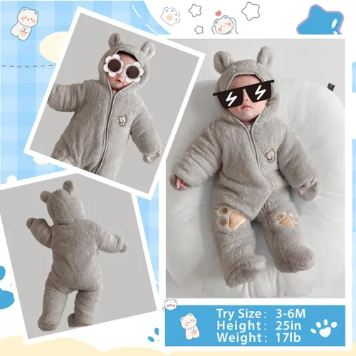 Miniatura 6 de Fairy Baby Traje de nieve para bebé recién nacido, con oso y mameluco de forro polar grueso, abrigo infantil para niñas y niños de 0 a 12 meses