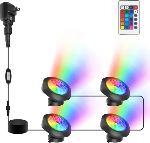 RGBW - Luces de estanque, 18 LED sumergibles bajo el agua, luz de fuente sumergible, control remoto, IP68, impermeable, cambio de color, iluminación