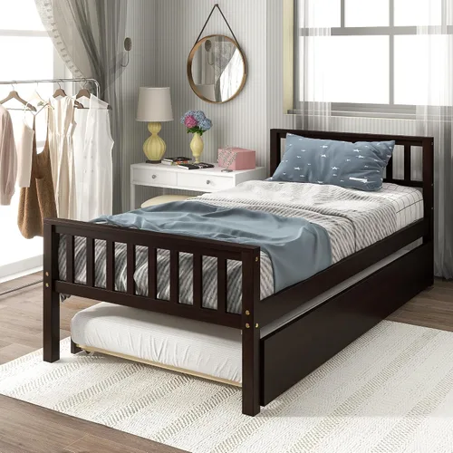 Miniatura 2 de VECELO Twin Size Platform Bed with Trundle, Solid Wood Twin Bed Frame with Slat Support, 400lbs+200lbs Weight Capacity, No Box Spring Needed