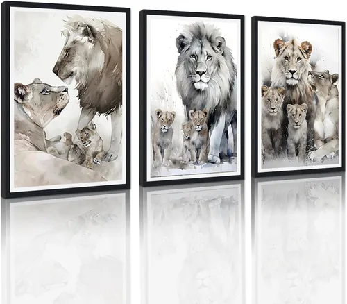 Miniatura 39 de 3 piezas modernas de lienzo de león de animales salvajes, pinturas de retratos de familia de leones, decoración de pared, obras de arte de sala