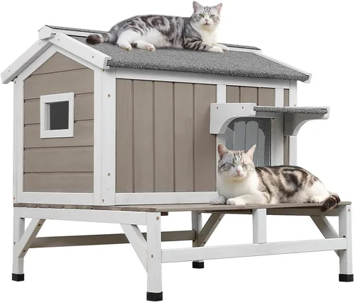 PetsCosset Casa para gatos al aire libre, refugio de madera para gatos con interior de tela rascadora incorporada, diseño de 2 pisos resistente a la